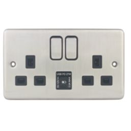 Hager Sollysta WRSS82BSB-USBCC 13A 2-Gang 2P+E Switched Socket + 3.1A 27W 2-Outlet Type C USB Charger Brushed Steel with Black Inserts