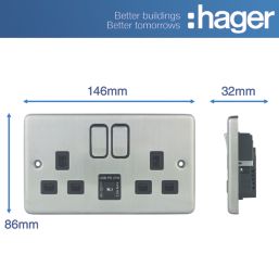 Hager Sollysta WRSS82BSB-USBCC 13A 2-Gang 2P+E Switched Socket + 3.1A 27W 2-Outlet Type C USB Charger Brushed Steel with Black Inserts
