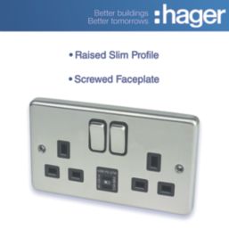 Hager Sollysta WRSS82BSB-USBCC 13A 2-Gang 2P+E Switched Socket + 3.1A 27W 2-Outlet Type C USB Charger Brushed Steel with Black Inserts