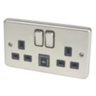 Hager Sollysta WRSS82BSB-USBCC 13A 2-Gang 2P+E Switched Socket + 3.1A 27W 2-Outlet Type C USB Charger Brushed Steel with Black Inserts