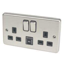 Hager Sollysta WRSS82BSB-USBCC 13A 2-Gang 2P+E Switched Socket + 3.1A 27W 2-Outlet Type C USB Charger Brushed Steel with Black Inserts