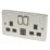 Hager Sollysta WRSS82BSB-USBCC 13A 2-Gang 2P+E Switched Socket + 3.1A 27W 2-Outlet Type C USB Charger Brushed Steel with Black Inserts