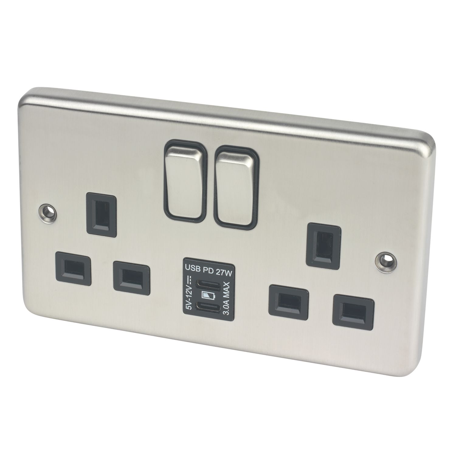 Hager Sollysta WRSS82BSB-USBCC 13A 2-Gang 2P+E Switched Socket + 3.1A 27W 2-Outlet Type C USB Charger Brushed Steel with Black Inserts (438AM)