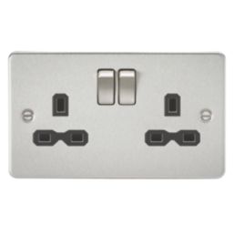Knightsbridge  13A 2-Gang DP Switched Double Socket Brushed Chrome  with Black Inserts
