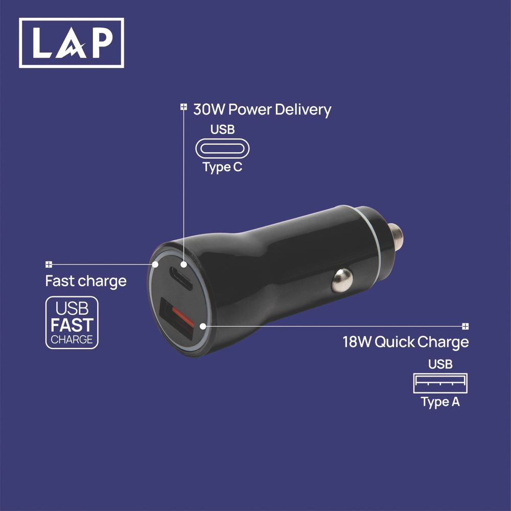 LAP 2 Outlet Type A & C In-Car Charger 12V