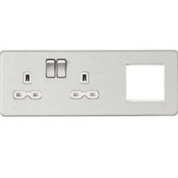 Knightsbridge  13A 2-Gang DP Combination Plate Brushed Chrome with White Inserts