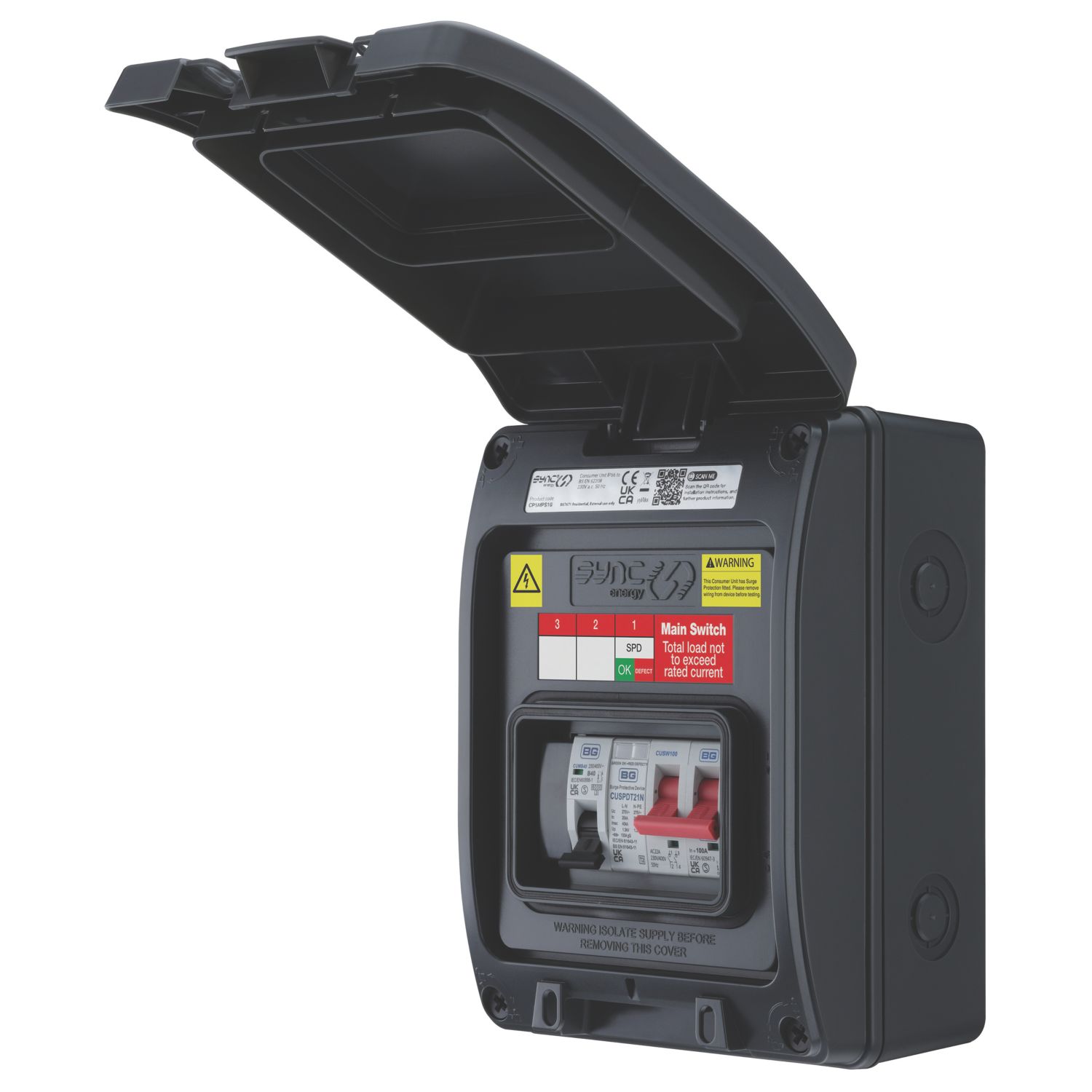 Sync Energy IP66 Weatherproof Outdoor 5-Module 3-Way Part-Populated EV Charger Consumer Unit with SPD (440EF)