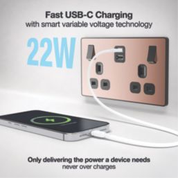 British General Evolve 13A 2-Gang SP Switched Socket + 3.25A 22W 2-Outlet Type C USB Charger Copper with Black Inserts
