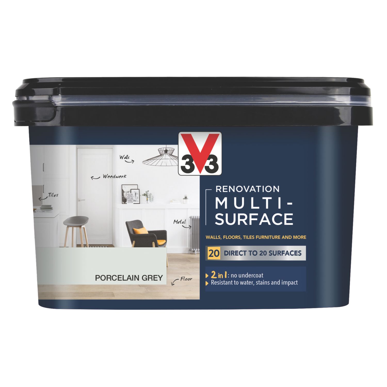 V33 2Ltr Porcelain Grey Satin Acrylic Multi Surface Paint (441FW)