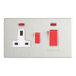 Contactum Lyric 45A 2-Gang DP Cooker Switch & 13A DP Switched Socket Brushed Steel with Neon with White Inserts