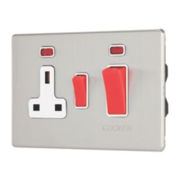 Contactum Lyric 45A 2-Gang DP Cooker Switch & 13A DP Switched Socket Brushed Steel with Neon with White Inserts