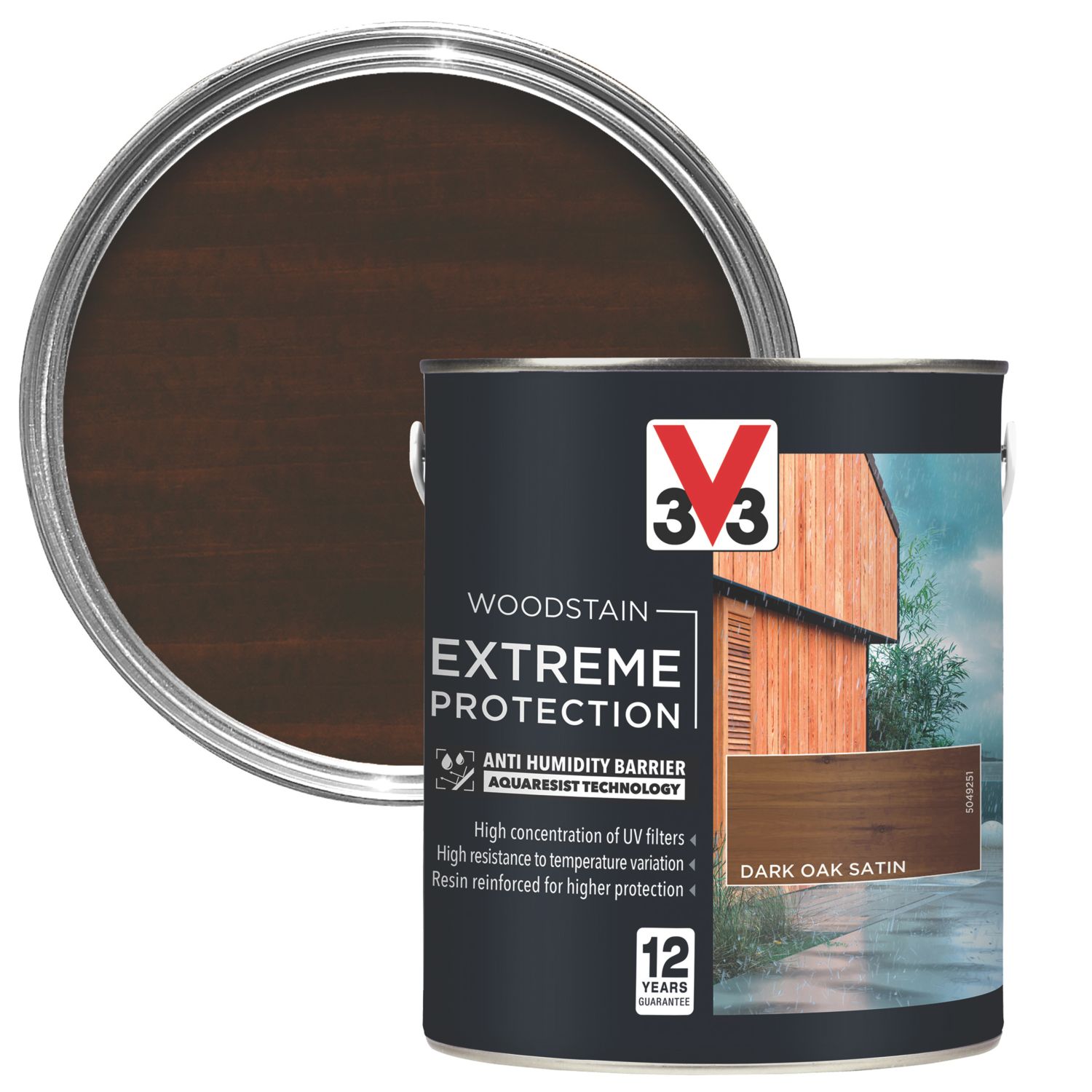 V33 2.5Ltr Dark Oak Satin Solvent-Based Exterior Wood Stain (442TL)