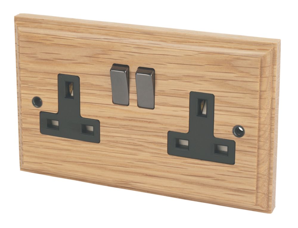 Varilight  13AX 2-Gang DP Switched Plug Socket Classic Oak  with Black Inserts