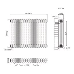 Flomasta 600mm x 785mm 3376BTU Black Horizontal 3 Column Radiator