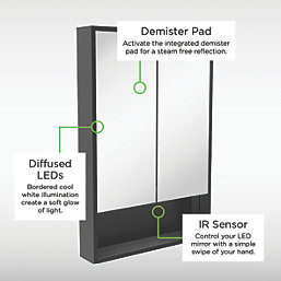 Sensio Sydney 1-Door Illuminated Mirror Cabinet & Shelf With 1248lm LED Light Silver Effect 900mm x 130mm x 600mm