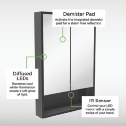 Sensio Sydney 1-Door Illuminated Mirror Cabinet & Shelf With 1248lm LED Light Silver Effect 900mm x 130mm x 600mm
