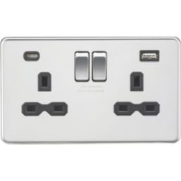 Knightsbridge  13A 2-Gang SP Switched Socket + 4.0A 20W 2-Outlet Type A & C USB Charger Polished Chrome with Black Inserts