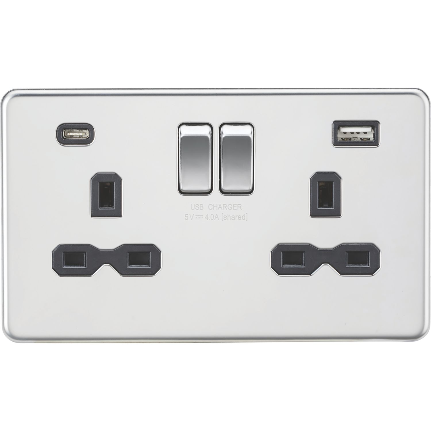 Knightsbridge 13A 2-Gang SP Switched Socket + 4.0A 20W 2-Outlet Type A & C USB Charger Polished Chrome with Black Inserts (445PY)