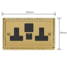 Varilight  13A 2-Gang SP Switched Socket + 4A 20W 2-Outlet Type A & C USB Charger Georgian Brass with Black Inserts