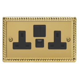 Varilight  13A 2-Gang SP Switched Socket + 4A 20W 2-Outlet Type A & C USB Charger Georgian Brass with Black Inserts