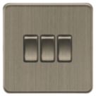 Knightsbridge Screwless 10AX 3-Gang 2-Way Light Switch  Antique Brass
