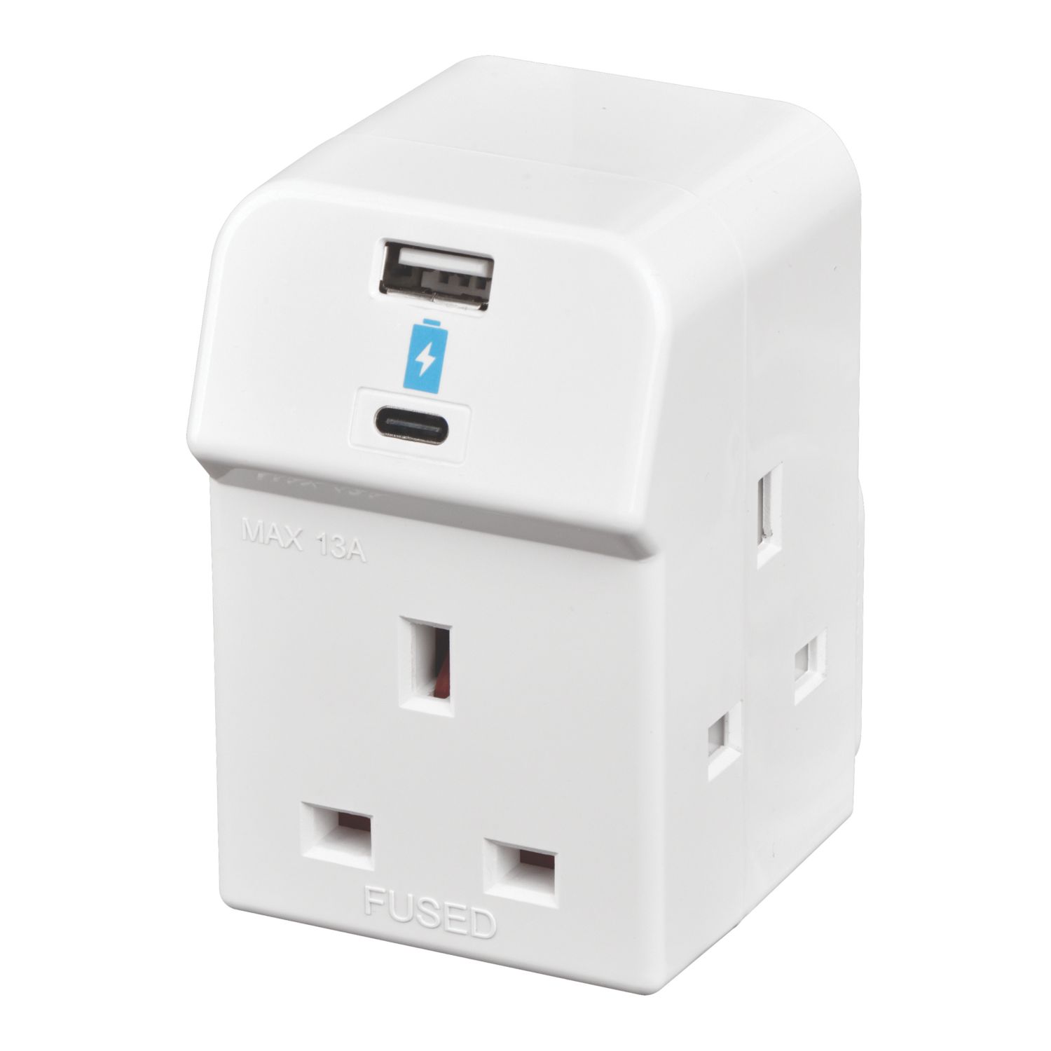 Masterplug 13A Fused 3-Way Multi Socket Adaptor + 2.1A 2-Outlet Type A & C USB Charger White (449CH)