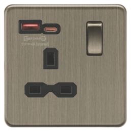 Knightsbridge Screwless 13A 1-Gang SP Switched USB Socket Antique Brass  with Black Inserts
