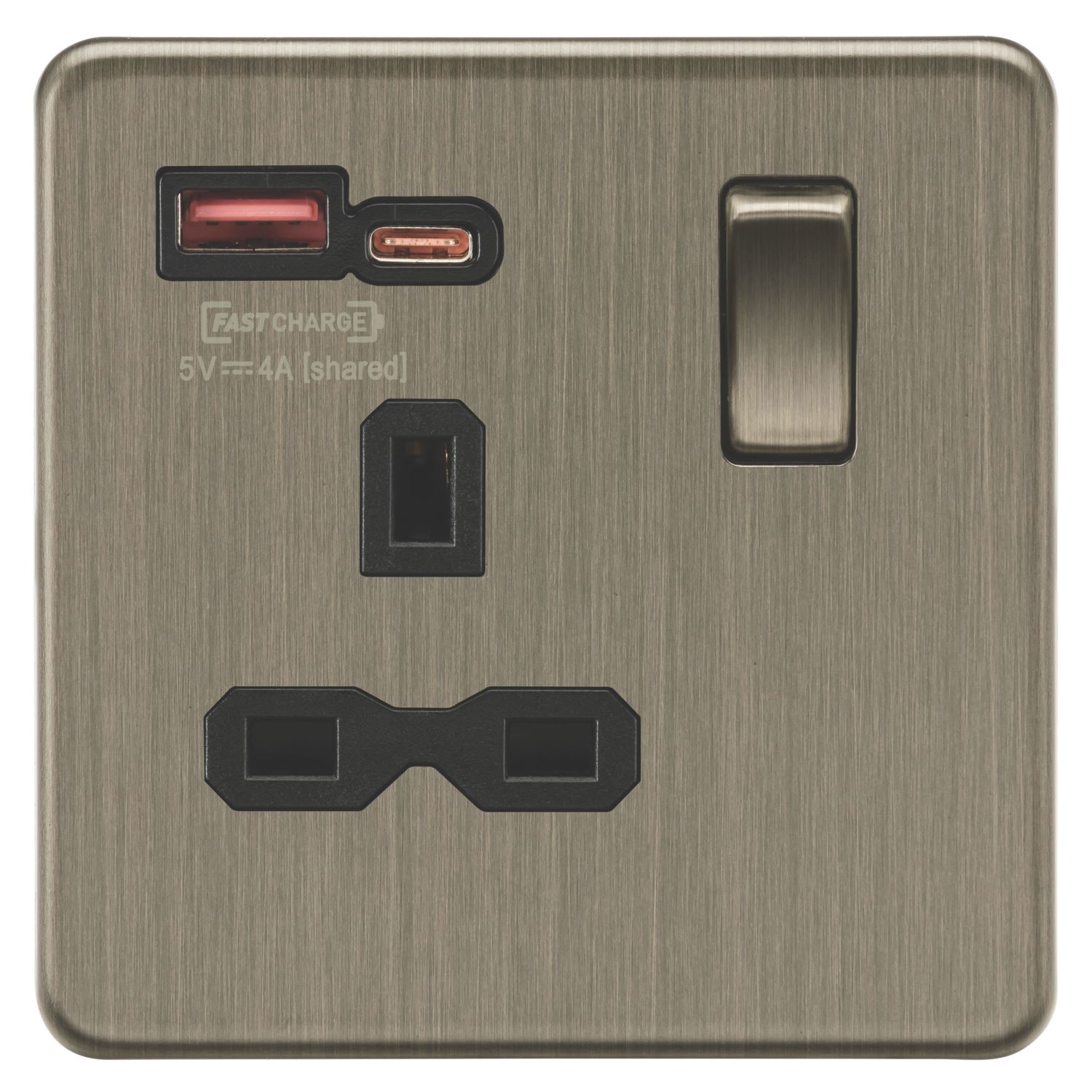 Knightsbridge Screwless 13A 1-Gang SP Switched USB Socket Antique Brass with Black Inserts (450CR)