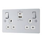 LAP  13A 2-Gang SP Switched Socket + 3A 45W 2-Outlet Type A & C USB Charger Brushed Steel with White Inserts