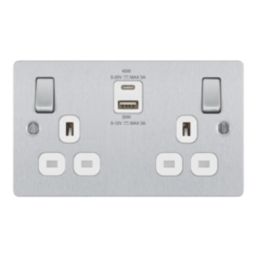 LAP  13A 2-Gang SP Switched Socket + 3A 45W 2-Outlet Type A & C USB Charger Brushed Steel with White Inserts