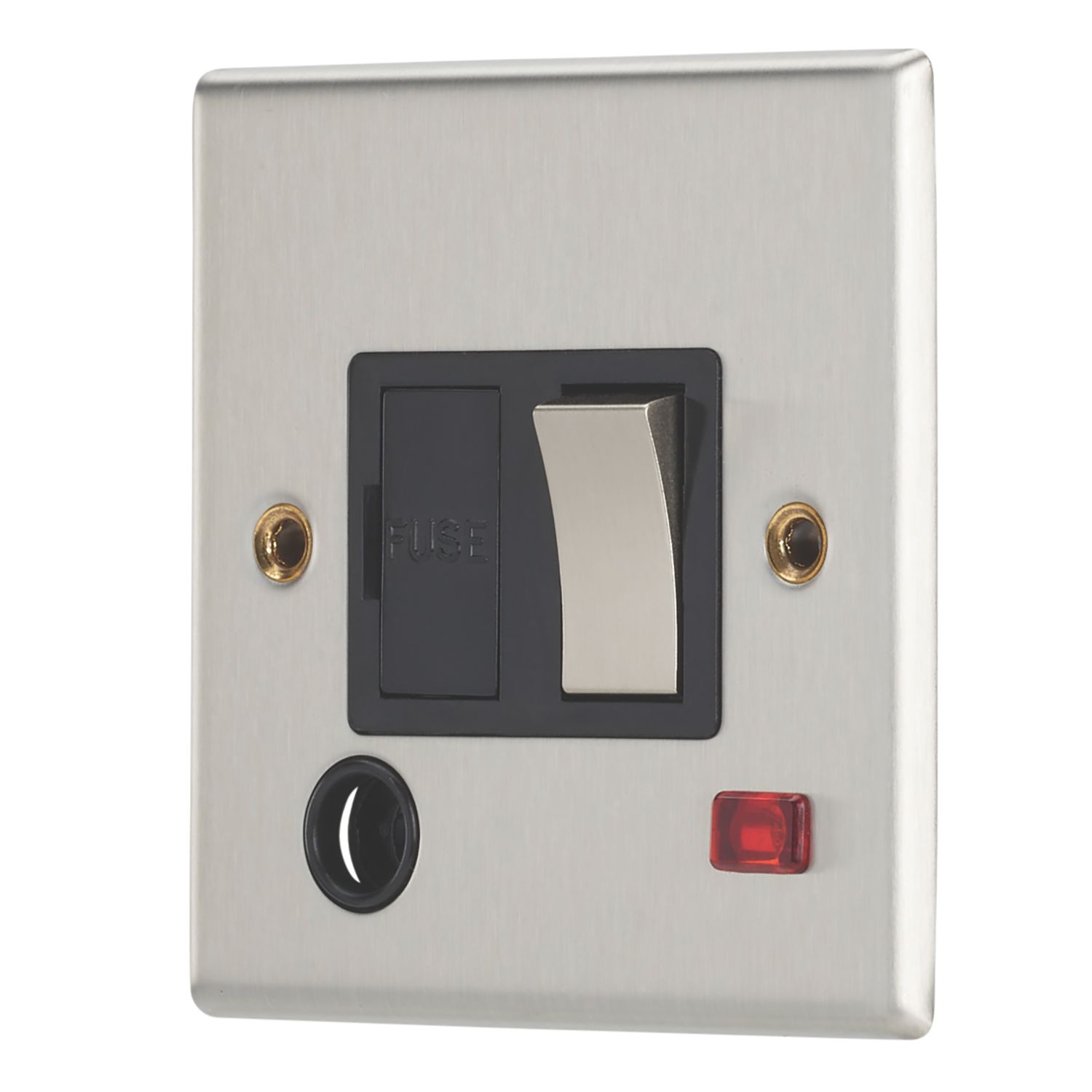 Contactum iConic 13A Switched Fused Spur & Flex Outlet with Neon Brushed Steel with Black Inserts (454RP)