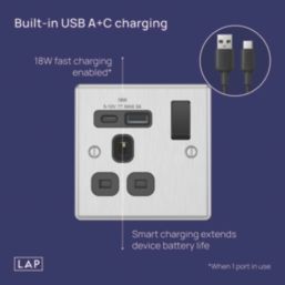 LAP  13A 1-Gang SP Switched Socket + 3A 18W 2-Outlet Type A & C USB Charger Brushed Steel with Black Inserts
