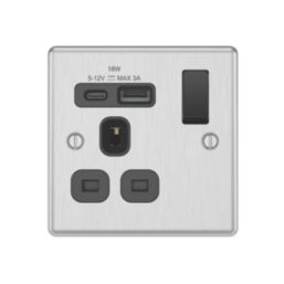 LAP  13A 1-Gang SP Switched Socket + 3A 18W 2-Outlet Type A & C USB Charger Brushed Steel with Black Inserts