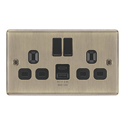 LAP  13A 2-Gang SP Switched Socket + 2.4A 12W 2-Outlet Type A & C USB Charger Antique Brass with Black Inserts