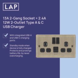 LAP  13A 2-Gang SP Switched Socket + 2.4A 12W 2-Outlet Type A & C USB Charger Antique Brass with Black Inserts
