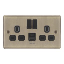 LAP  13A 2-Gang SP Switched Socket + 2.4A 12W 2-Outlet Type A & C USB Charger Antique Brass with Black Inserts