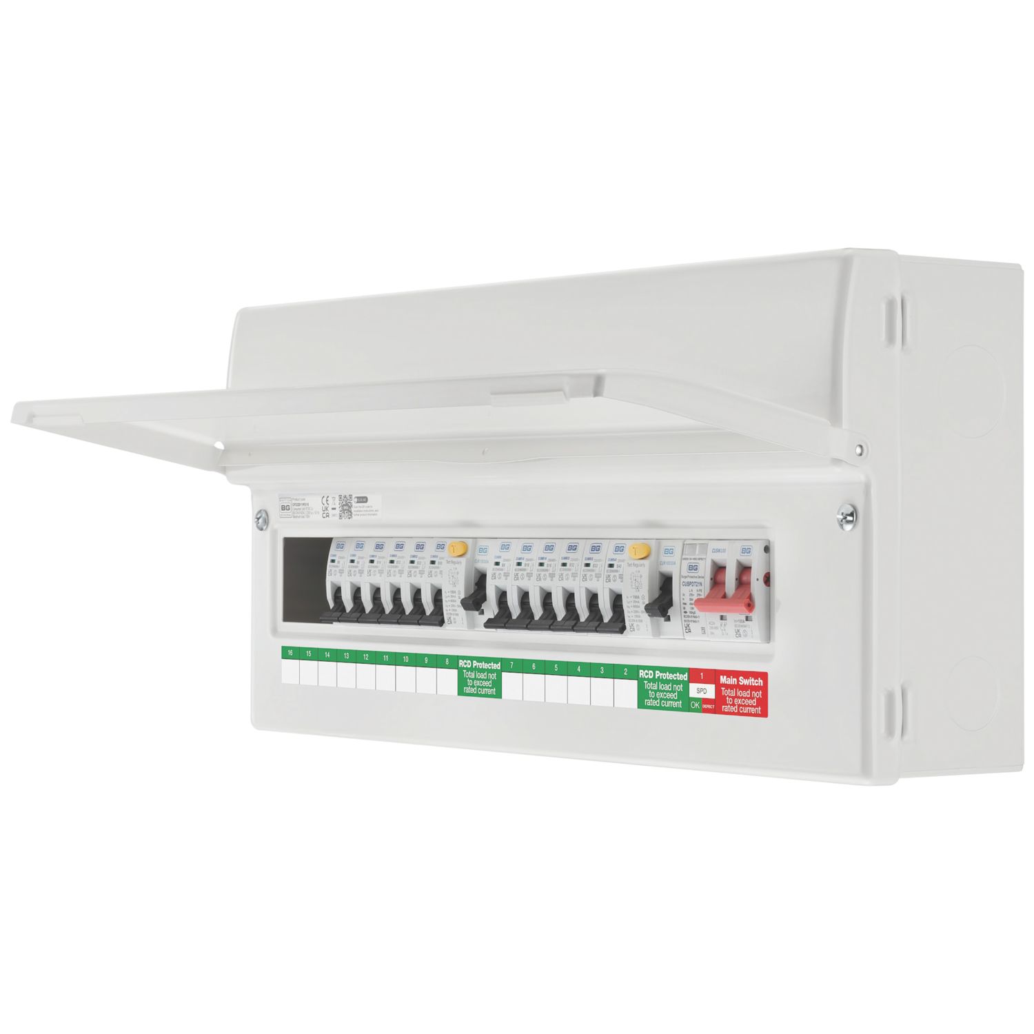 British General Circuit Protection 15-Module 12-Way Part-Populated High Integrity Main Switch Consumer Unit with SPD (458CY)