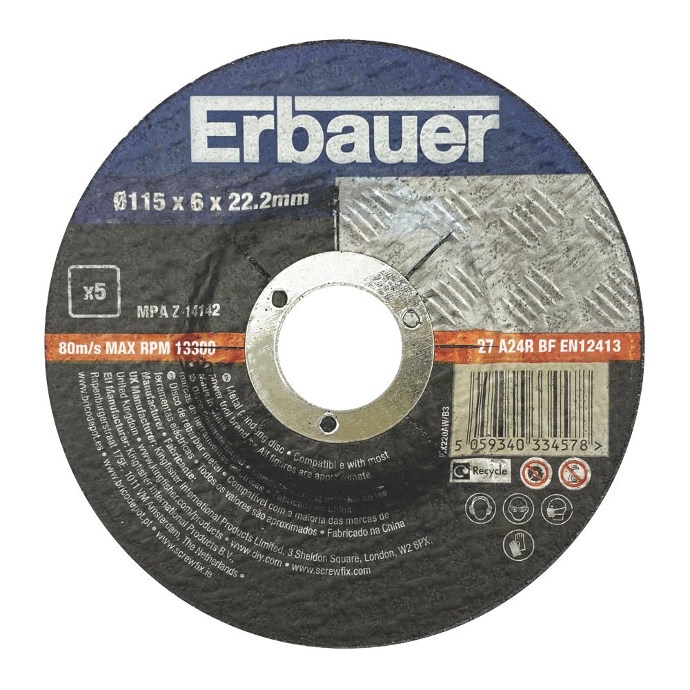Erbauer Metal Grinding Discs 4 1/2" (115mm) x 6mm x 22.2mm 5 Pack