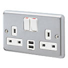 MK Albany Plus 13A 2-Gang DP Switched Socket + 2A 2-Outlet Type A USB Charger Brushed Chrome with White Inserts