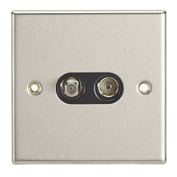 Contactum iConic 2-Gang Coaxial TV & F-Type Satellite Socket Brushed Steel with Black Inserts