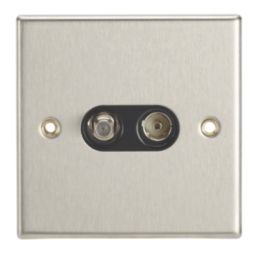 Contactum iConic 2-Gang Coaxial TV & F-Type Satellite Socket Brushed Steel with Black Inserts