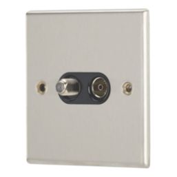 Contactum iConic 2-Gang Coaxial TV & F-Type Satellite Socket Brushed Steel with Black Inserts