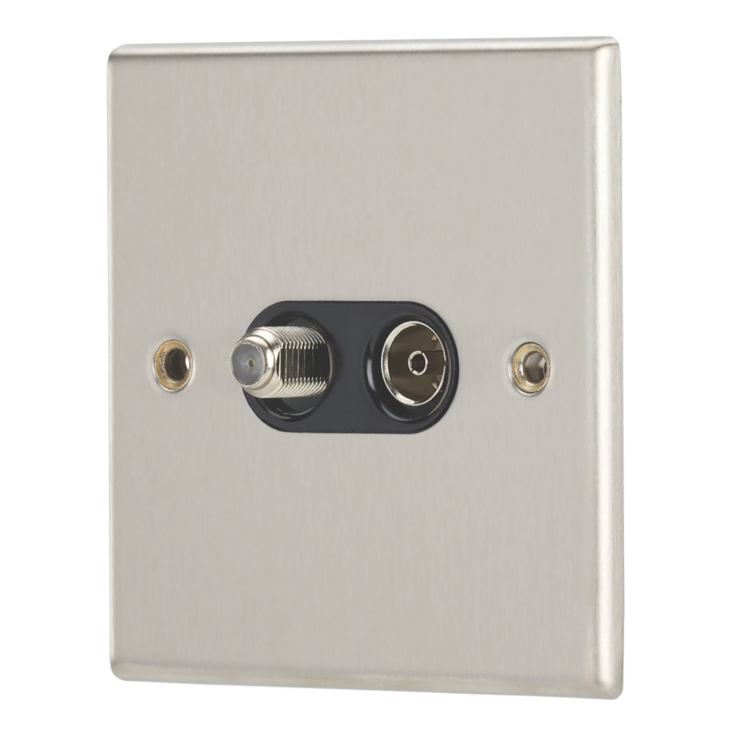Contactum iConic 2-Gang Coaxial TV & F-Type Satellite Socket Brushed Steel with Black Inserts (461RK)