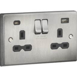 Knightsbridge  13A 2-Gang SP Switched Socket + 4.0A 20W 2-Outlet Type A & C USB Charger Brushed Chrome with Black Inserts