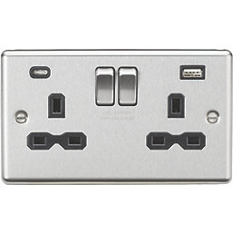 Knightsbridge  13A 2-Gang SP Switched Socket + 4.0A 20W 2-Outlet Type A & C USB Charger Brushed Chrome with Black Inserts