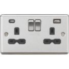 Knightsbridge  13A 2-Gang SP Switched Socket + 4.0A 20W 2-Outlet Type A & C USB Charger Brushed Chrome with Black Inserts
