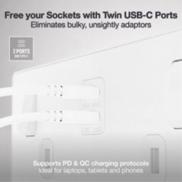British General Evolve 13A 2-Gang SP Switched Socket + 3.25A 65W 2-Outlet Type C USB Charger Pearlescent White with White Inserts