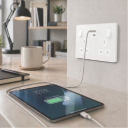 British General Evolve 13A 2-Gang SP Switched Socket + 3.25A 65W 2-Outlet Type C USB Charger Pearlescent White with White Inserts