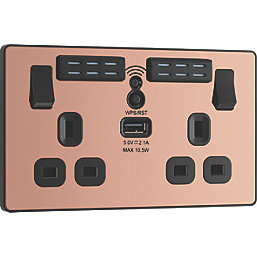 British General Evolve 13A 2-Gang SP Switched Double Socket With WiFi Extender + 2.1A 10.5W 1-Outlet Type A USB Charger Copper with Black Inserts