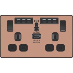 British General Evolve 13A 2-Gang SP Switched Double Socket With WiFi Extender + 2.1A 1-Outlet Type A USB Charger Copper with Black Inserts